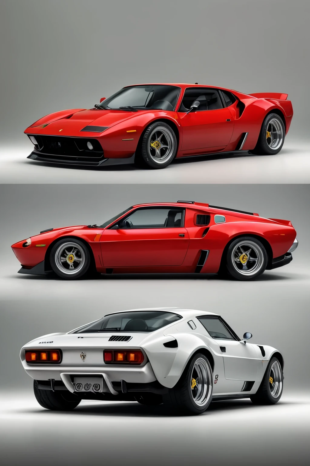 Draw a captivating fusion of Ferrari Dino and Volkswagen Kombi's design in three frames, showcasing the harmony of two iconic vehicles:
1. Front view:
Experience the unique blend of Ferrari Dino's powerful nostrils and Volkswagen Kombi's iconic rounded front, accentuated by sleek headlights and a striking grille, evoking the essence of both automobiles.
2. Side view:
Observe the harmonious fusion of Ferrari Dino's muscular curves and Volkswagen Kombi's distinctive bodylines, featuring an intricate blend of classic wheel arches, a sloping roofline