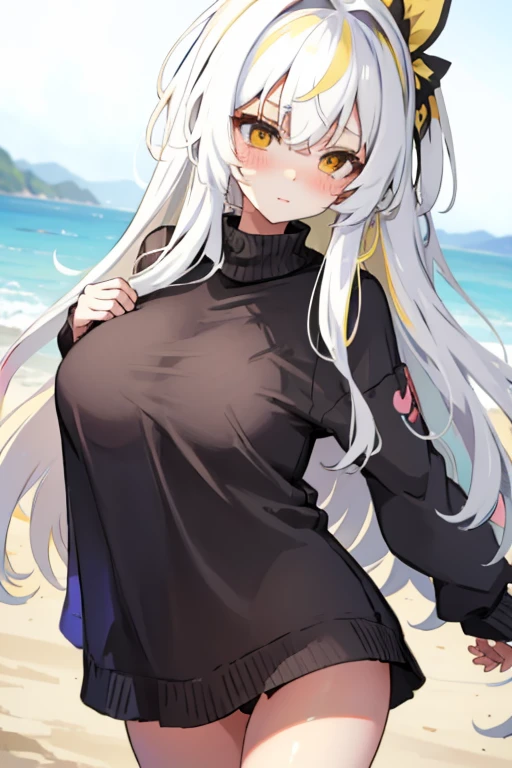 masterpiece, best quality, beach, kasugano sora, shirt tug, black t-shirt, happy, bare shoulders, white dress, brown eyes, white hair, long hair, hair ribbon, looking at viewer <lora:KasuganoSora_v3:0.8> <lora:shirtTugPoseLORA_shirtTug:1>