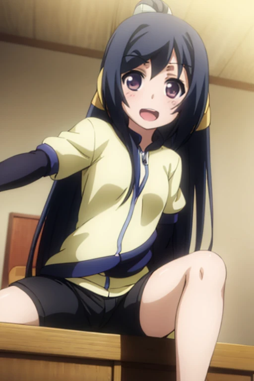 ((Highest quality)), ((masterpiece)), (be familiar with), Perfect Face, indoor, Bedroom, Watching the audience,
One woman, kuon,
Open Mouth, Ecstatic expression, blush, smile,
Small breasts, Flat Chest, Young Girl, Lori, child, Girl,
Long Hair, Long Hair,
Gym suit, White short sleeves, Black shorts, Leg spread,