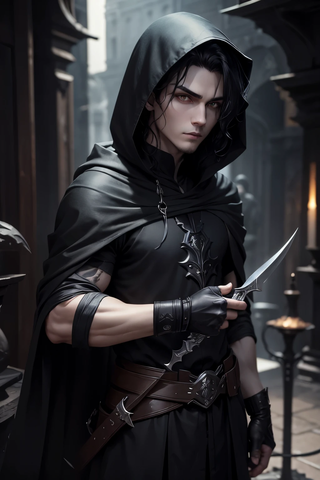 Masterpiece, elf male, black color hair, grey ash pale skin, deathly bright eyes, short length hair, black wavy hair, wearing black donning hoods, rogue-like appearance, handsome, lean frame, holding daggers, yellow eyes, realistic