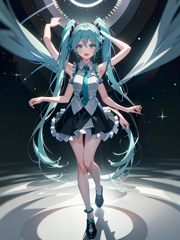 DSLR Photos, (8ก, 4K, Masterpiece),(Masterpiece, best quality), best resolution, (3 heads:1.5), Hatsune Miku, aqua hair, twin tail, long hair, tear, open mouth, smile, be happy, sing, Dancing, White sleeveless shirt, Aqua necktie, black skirt, arms separated,hotel room, arm circle, (hands on head), (lower hand on ankle), (lower hand on leg), Full content in the frame, full body view, (four arms),(Multi-arm),(many hands), Slim shape