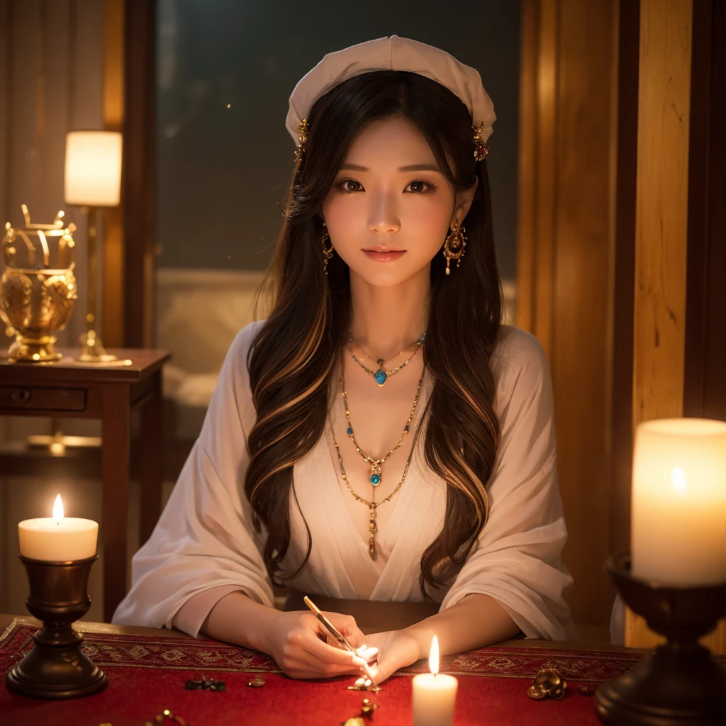 最high quality, masterpiece, there is nothing, 1 female, Age 35, Japanese, Western style fortune teller costume, hair ornaments, necklace, jewelry, Beautiful Face, Gentle smile, On top of that_body, Tyndall effect, Realistic, Fortune Telling Room, Candles on the table, Tarot Cards, Rim Light, Two-tone lighting, (High resolutionの肌:1.2), 8k uhd, Digital SLR, Soft lighting, high quality, Volumetric lighting, Frank, photograph, High resolution, 4K, 8k, Bokeh