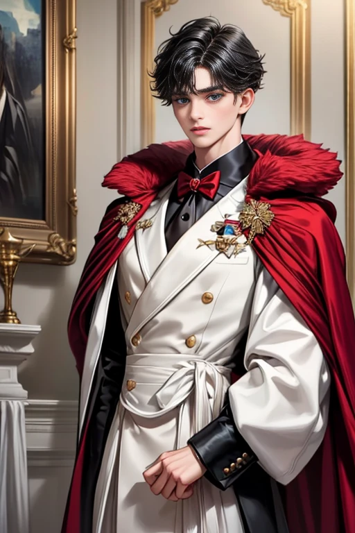 
masterpiece, 最high quality, high quality, 1 boy, alone, Male focus, Watching the audience,  Messy black hair, Adorable big blue eyes, White, Noble, Noble,A sexy, voluminous, puffy cape、tuxedo、A very voluminous, large, very large, very large, long, long red and black cape with a high stand-up collar, made of a lot of fabric that reaches down to the floor., ,Cute beautiful boys,Cute, cute, kind, handsome guy