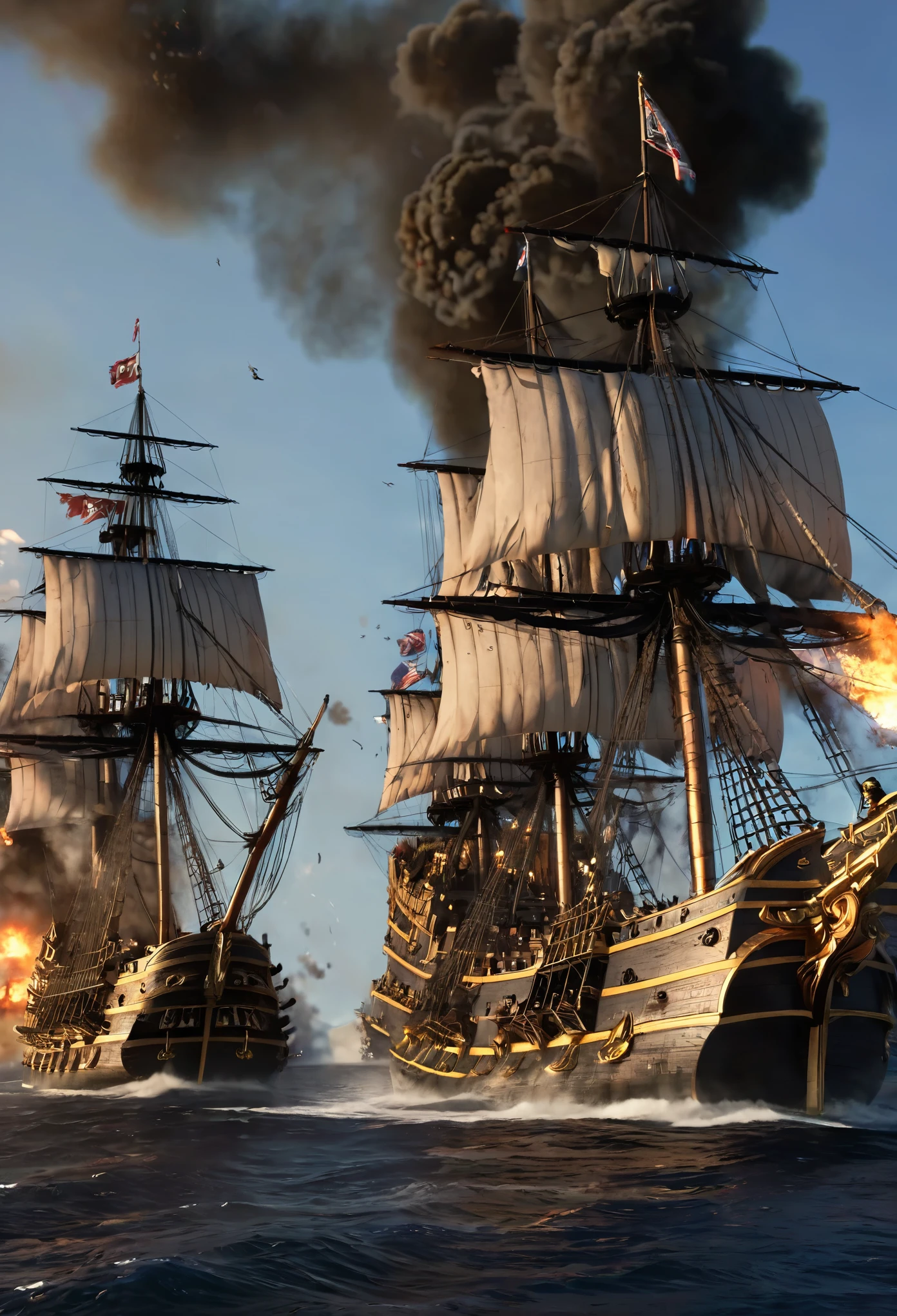 Dusk, one pirate ship and one English warship, ships in line of battle, pirate ship and English ship in epic battle shooting canons at each other, canon shots visible, fire, sails ripping, explosions, lots of destruction, adventurous, detailed, historic.