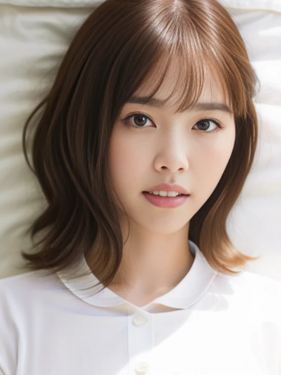 (Masterpiece, Best quality: 1.4), (Ultra realistic, Photo-realistic: 1.2), (From above: 1.2), Full body, Lying on bed, Looking at viewer, Natural light, 30 years old actress, Japanese women, (Arms behind back: 1.2), Neat and clean, ((Wearing white tennis uniform, White polo shirt with collar, Not buttoning the polo shirt, White pleated tennis skirt: 1.2)), (Short wavy hair), ponytail, Light brown hair color, (Beautiful Face), Oval face, clear, (Beautiful eyes, Kind eyes), (Clear skin), Small face, (Small mouth, Beautiful mouth), Natural makeup, Approachable, Hotel Suite rooms, On bed, Seductive smile, Seductive pose, Beautiful thighs, Bedroom eyes, spread legs,