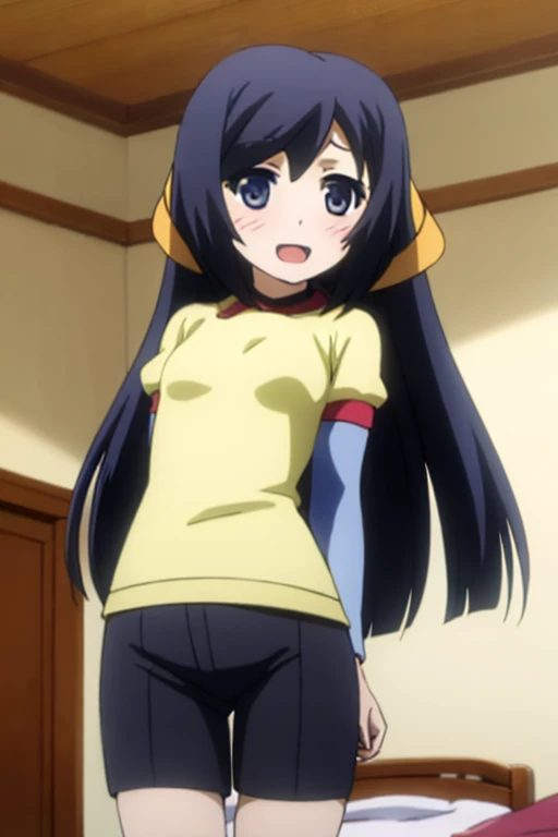 ((Highest quality)), ((masterpiece)), (be familiar with), Perfect Face, indoor, Bedroom, Watching the audience,
One woman, kuon,
Open Mouth, Ecstatic expression, blush, smile,
Small breasts, Flat Chest, Young Girl, Lori, , Girl,
Long Hair, Long Hair,
Gym suit, White short sleeves, Black shorts, Leg spread,