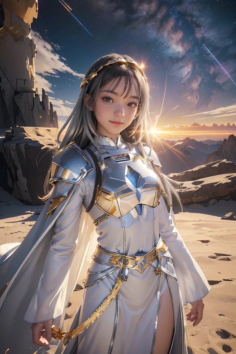 ((masterpiece, best quality, extremely detailed), volumetric lighting, ambient occlusion, colorful, glowing), 1girl, solo, young girl, (dark hair), long hair, halo, aura, sacred, goddess, cleric suit, (silver outfit with gold detailst:1.3), armor, outdoors, sunset, sky, clouds, space, (fantasy theme:1.2),
