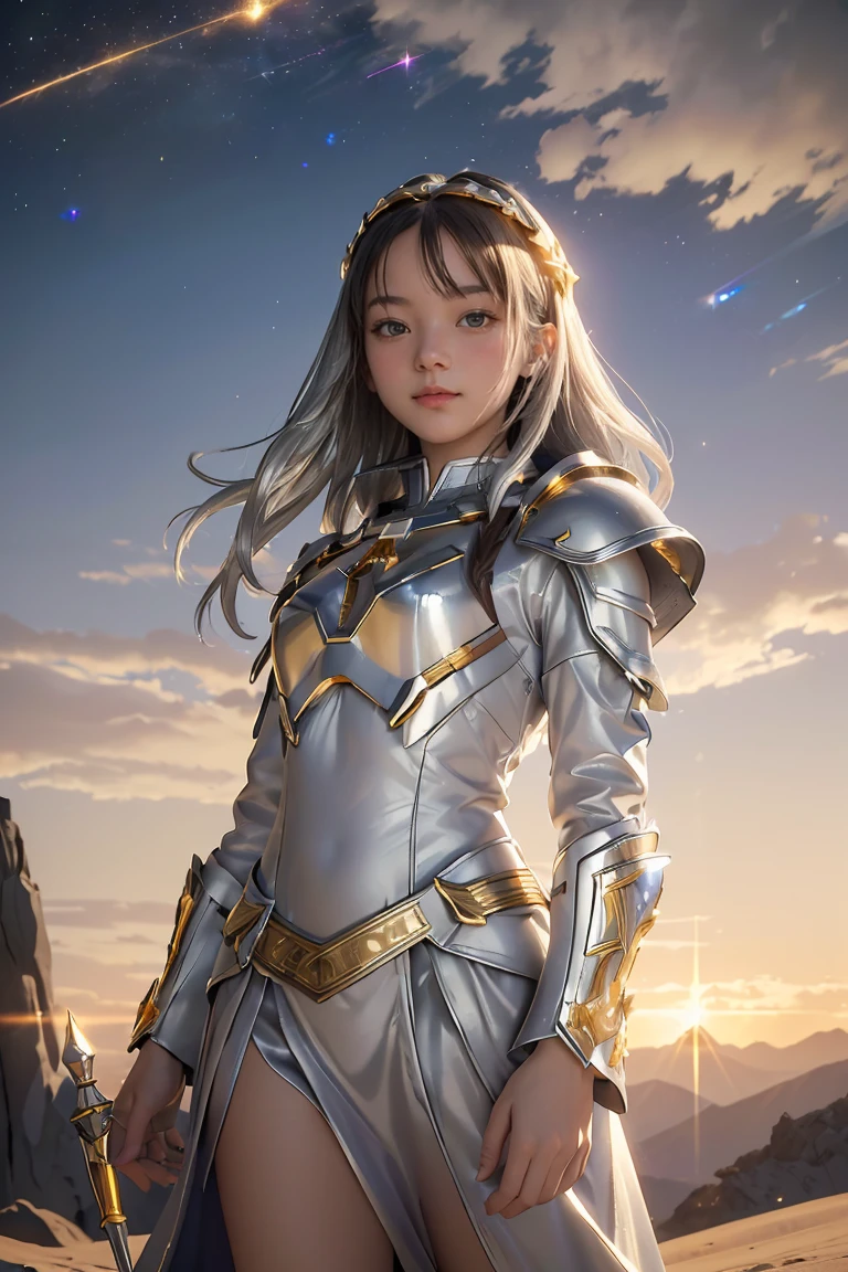 ((masterpiece, best quality, extremely detailed), volumetric lighting, ambient occlusion, colorful, glowing), 1girl, solo, young girl, (dark hair), long hair, halo, aura, sacred, goddess, cleric suit, (silver outfit with gold detailst:1.3), armor, outdoors, sunset, sky, clouds, space, (fantasy theme:1.2),
