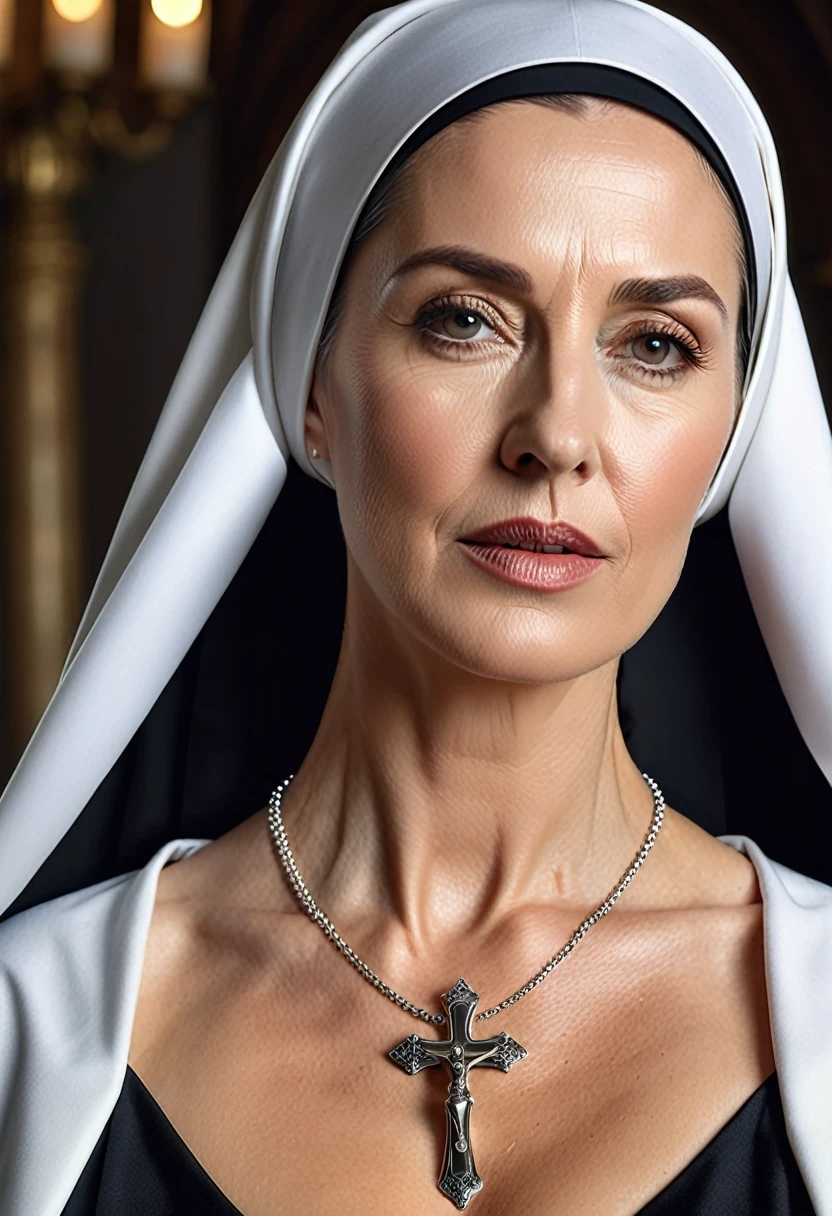 (((masterpiece))), Best Quality, 4k wallpaper,, Whole body, sensual mature woman of 30 years, wearing a nun's habit, open in front, showing her perfect big breasts, pink heart-shaped areolas, embarrassed face, blushing, opening his clothes, squatting, separating the legs, looking ahead, ((((outside tits)))), ((((vagina in sight)))), shaved vagina, leaking semen, on the altar of a church
