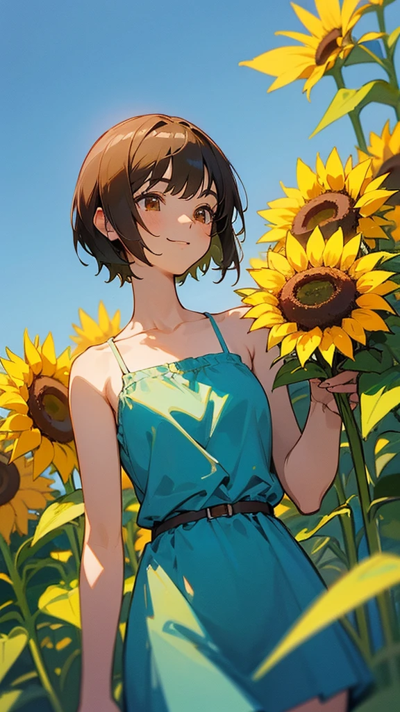  master piece, best quality, for below, cinematic angle, upper body , pigeon toed,  
Anime-style Moe illustration, summer vacation theme, 20-year-old 4womans holding a bouquet of sunflowers, short hair, 
camisole dress, slightly inner thighs, smile, accurate drawing, Active pose,