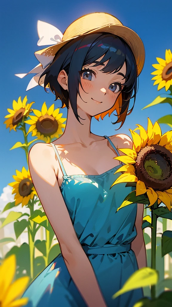 master piece, best quality, for below, cinematic angle, upper body , pigeon toed,
Anime-style Moe illustration, summer vacation theme, 20-year-old 4womans holding a bouquet of sunflowers, short hair,
camisole dress, slightly inner thighs, smile, accurate drawing, Active pose,