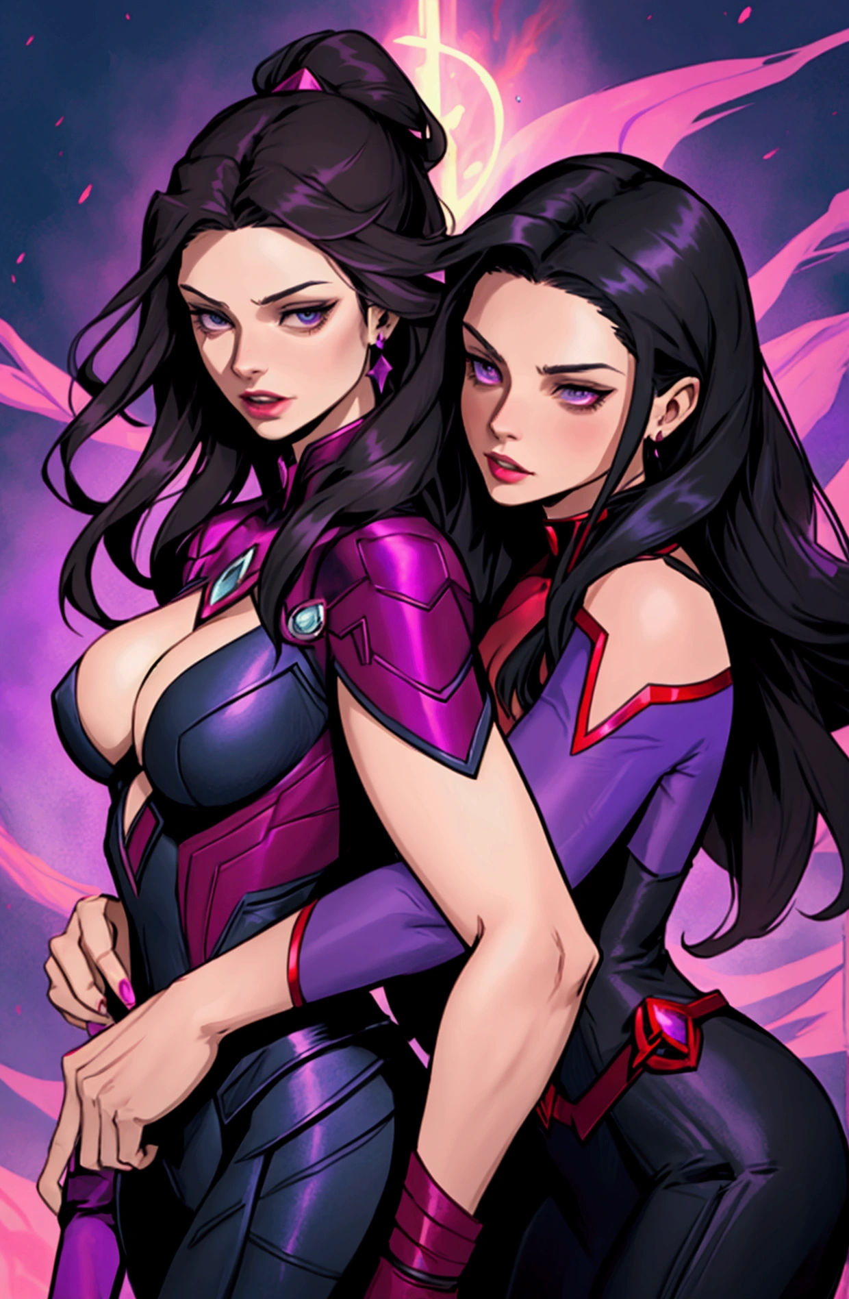 Generate a complete image of Marvel&#39;s Scarlet Witch with another woman with black hair and violet powers. The two surrounded by red and violet smoke. 