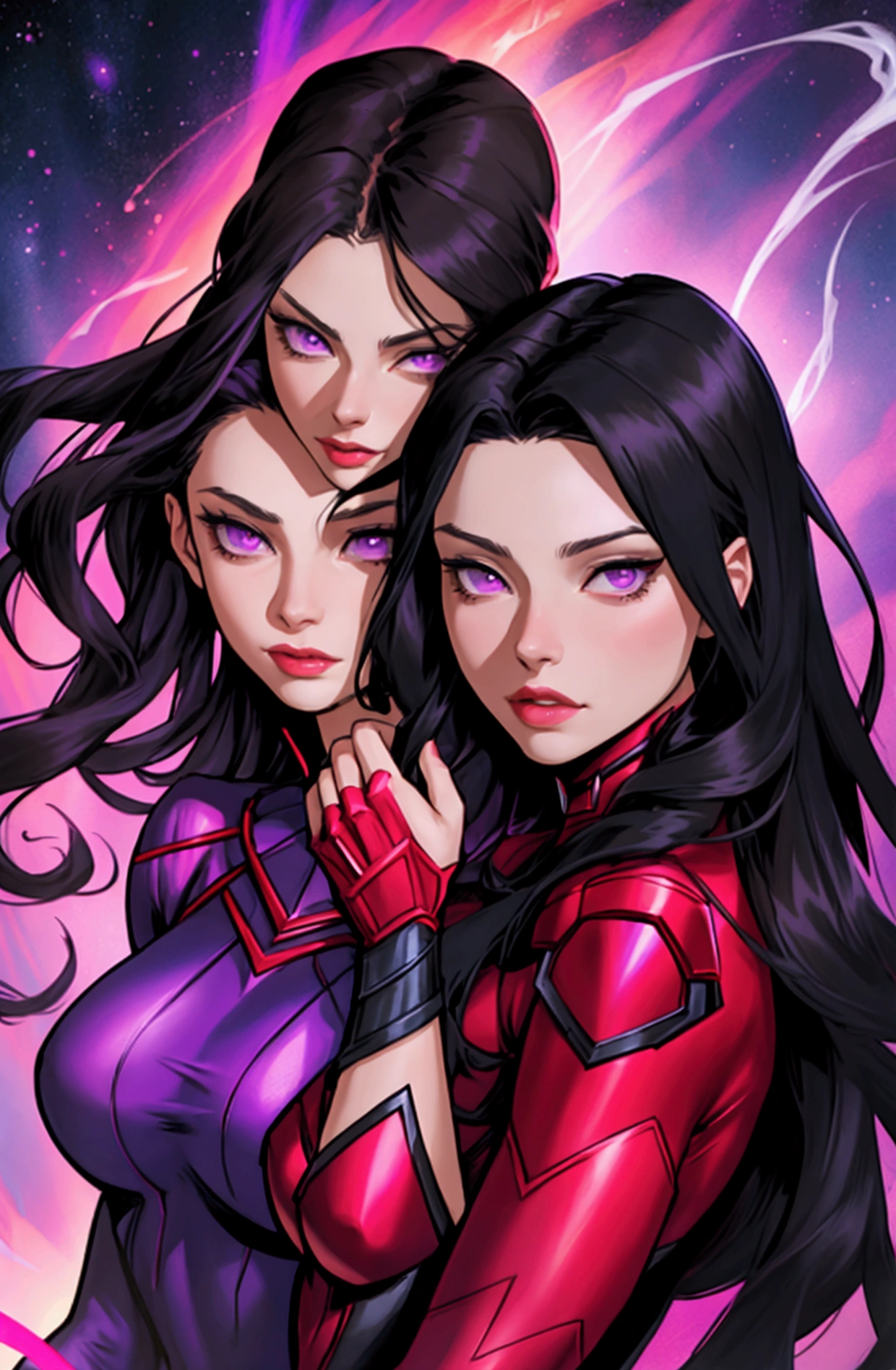 Generate a complete image of Marvel's Scarlet Witch with another woman with black hair and violet powers. The two surrounded by red and violet smoke.