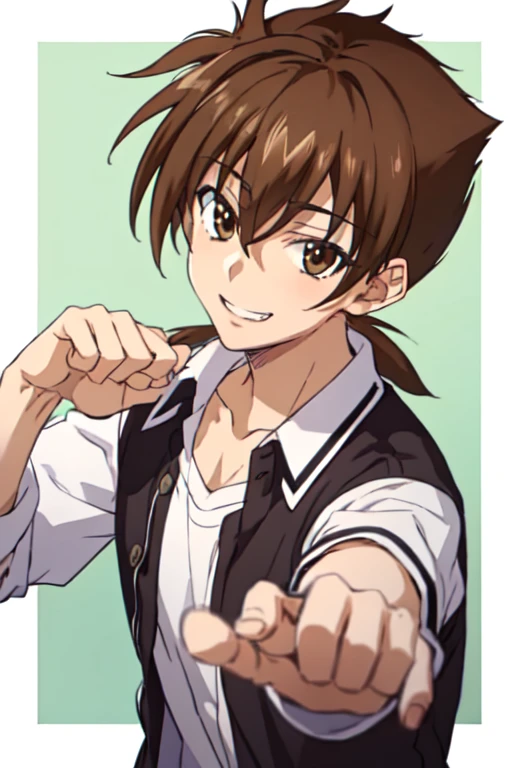 masterpiece, Best Quality, high quality, 1 chico, Alone, male focus, looking at the viewer, Upper part of the body, Issei_Hyoudou, Brown hair, Brown eyes, hair between the eyes, , School uniform,Giving the hand ,with a smile 