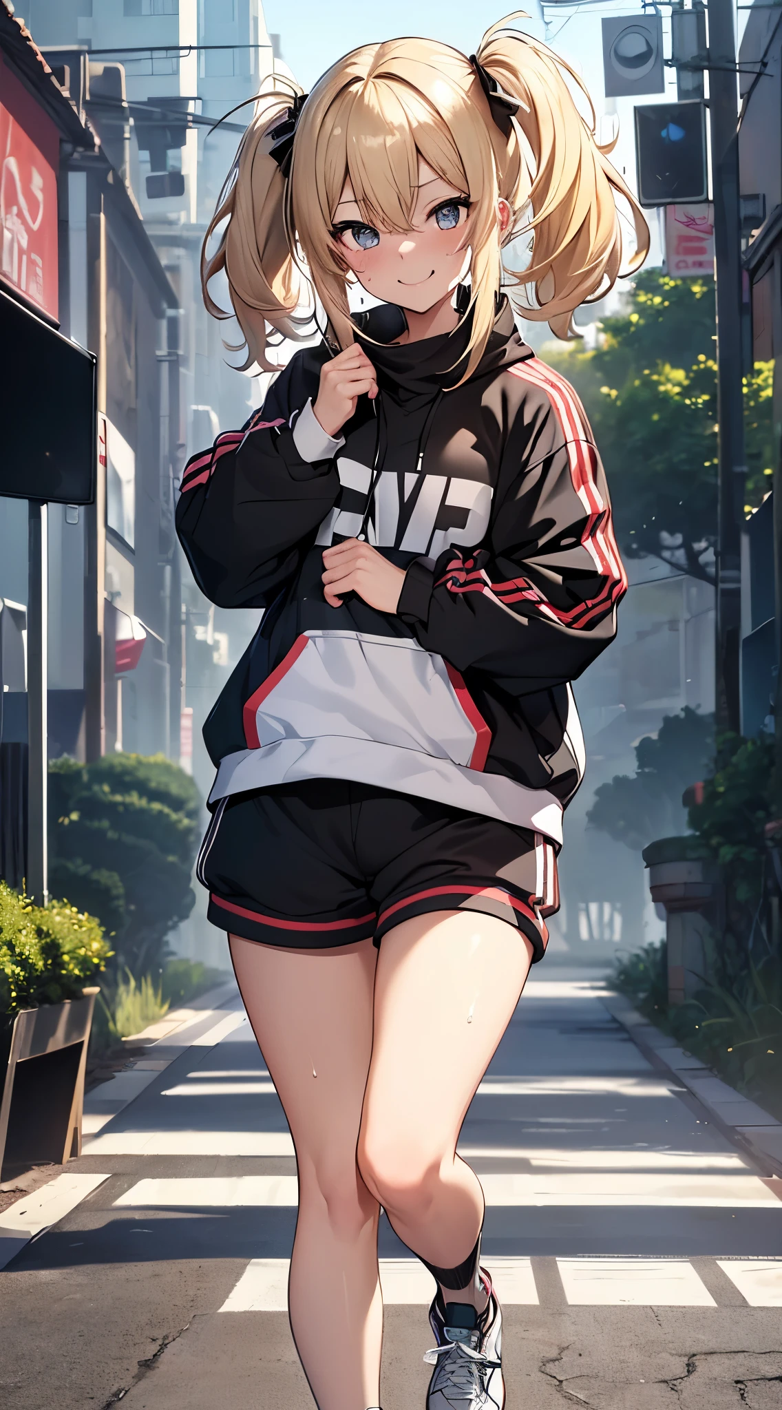 8k、4K,、high resolution、Highest品質、Highest1People Girls,high quality,A detaileded face、A detaileded eye、detailedな鼻、Mouth details、 Beautiful expression, ((Masseter muscle area)), ((High resolution)), ((Highest品質)), detailed, (Excited face.very happy,), ((sweating、Shiny skin)), (sporty:1.2、Sports shorts:1.3 pairs of loose socks:1.2 pairs of sneakers:1.2)、 With a girl, Blonde, (Half Twin Tail)、(((get up:1.3、Legs wide open:1.5)))、White skin:1.3、、Small breasts, Cinema Lighting, It's perfectly shaded,(((Girl's Room))), Realistic lighting with shades,Show the whole body
