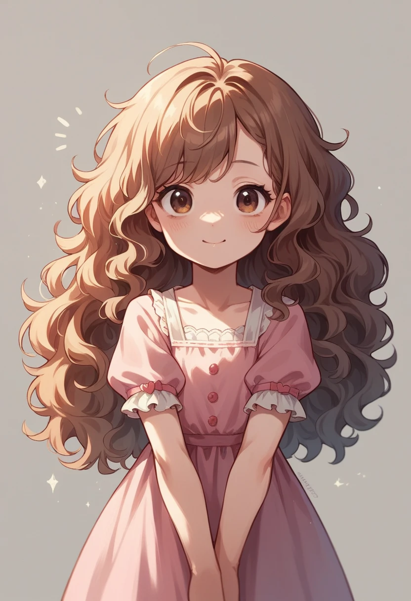 young girl, long wavy hair, Cute face, Wear a sweet pink dress, bright, brown eyes, cute cartoon, Big head,small