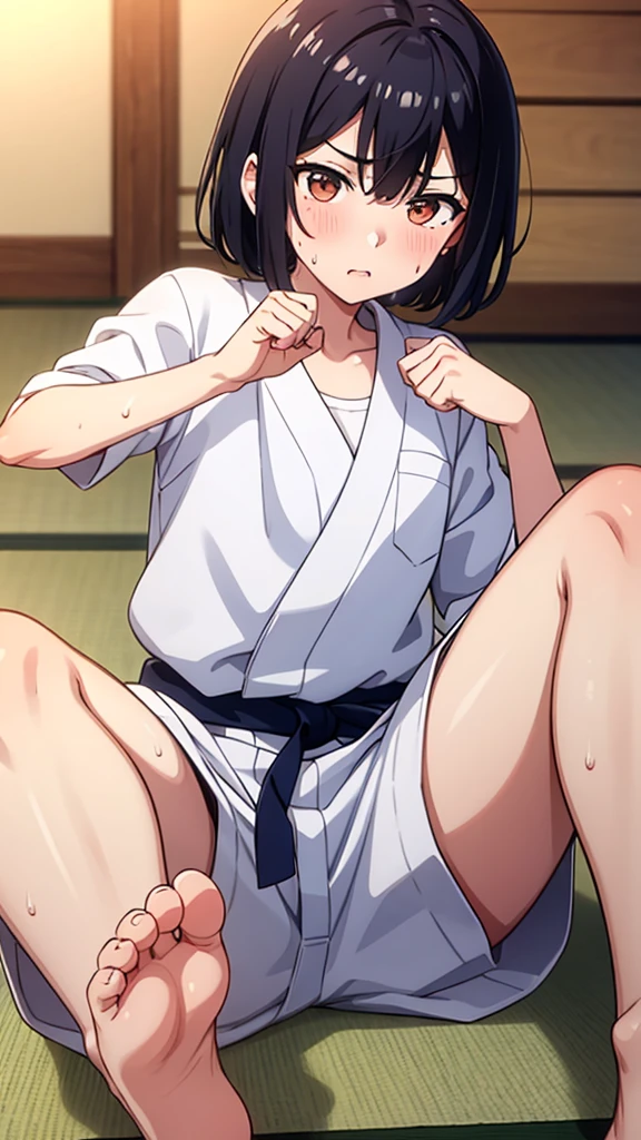 ((masterpiece, Highest quality, Very detailed, Very nice 8K CG wallpaper)), , A little thick, Medium Hair, slightly dark blue black hair, short hair, Deep orange eyes,judo player、長袖judo着、Large bust、ロングjudoパンツ、judo、Serious expression、Inside the judo Gymnasium、、On the tatami、discovery、One Girl、Combat Stance、A tough fight、Shiraishi Apricot、Bust Size D Cup、Clenched hands(punch:1.3)、Spread your legs、sweating、I smell a violent fight with a boy...、男の子と女の子の匂いjudo着に匂い混ざってついている、Her hand smelled like it had been held by a boy....、The smell of a boy touching me、My wrists are shining with sweat、My hands are shining with sweat、My feet are shining with sweat、My fingers are shining with sweat、My nails are shining with sweat、His face is shining with sweat、My hair is shining with sweat、Sniffed by the boy、Inconspicuous bruises and swelling from being punched, He was kicked and thrown by the boy..、The skin is a little dirty、I smell a bit like a boy because of my sweat....、When he grabbed me、I shook him off...、Drooping sweat、My skin became shiny with sweat.、Smells like a girl、Cool sweat、A little hot、Shining with sweat、My ears are shining with sweat、Nails turn white、There was a boy&#39;Saliva is attached、男の子の唾液の匂いjudo着についた激しい戦いしたとき、男の子にpunchされた後汗吹きでた、I was sweating after being kicked by a boy、I was sweating after being thrown by a boy