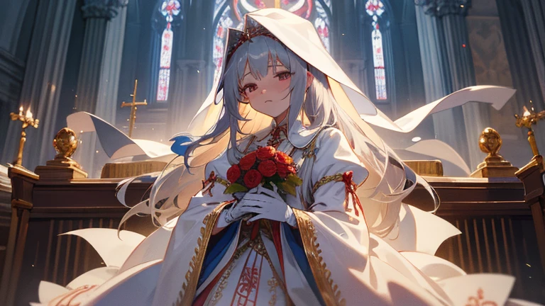 In front of the altar of a majestic church、casting judgement with magic, her voice echoing beautifully. Magic gathers around her, enveloping her in a holy aura as she chants girl with long silver hair, Classic White Wedding Dresses、long white embroidered gloves, ceremonial robes, mass vestments, , enormous puffy sleeves, long cuffs with many buttons, golden embroidery, cross details, Long Train, lots of frills and lace, red capes, gently reaches out to you