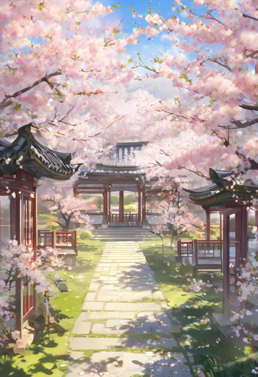 view of the garden containing cherry trees that beautifully bloom during the day
