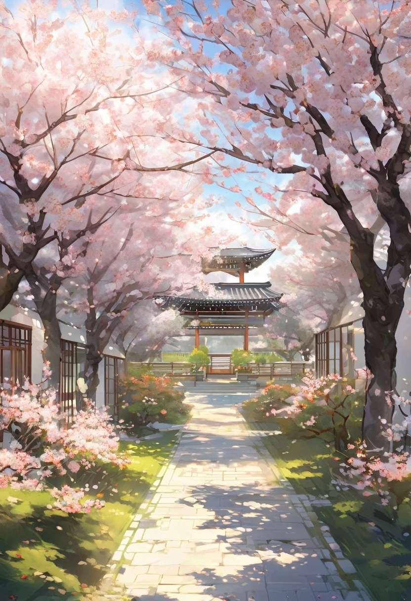 view of the garden containing cherry trees that beautifully bloom during the day