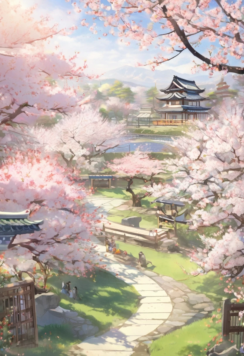 view of the garden containing cherry trees that beautifully bloom during the day