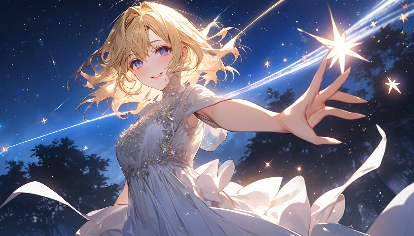 **161. One person。mysterious。girl。Cowboy shot or close-up。masterpiece, best quality, ultra detailed (Detailed fingers), (Emotional), (Breathtakingly beautiful), (main part: 1.2 Whole body。), (Anime Style), (Very detailed), (Brutal), (超High resolution, High resolution), (8k), (High resolution: 1.2), (Complex and beautiful: 1.2)**
- background: Stars shining in the night sky々And shooting stars fly around。
- girl: A delicately drawn, gorgeous dress、Sparkling blonde hair and starry eyes。
-pose: Against the background of the night sky、One hand pointing towards the sky。
-expression: A gracious and confident smile、My eyes are fixed on the starry sky。
- Effects: The dress shines like stardust、Shooting stars fly around her。
-color: Deep blue night sky and stars々The brightness of the light creates a vivid contrast.。
