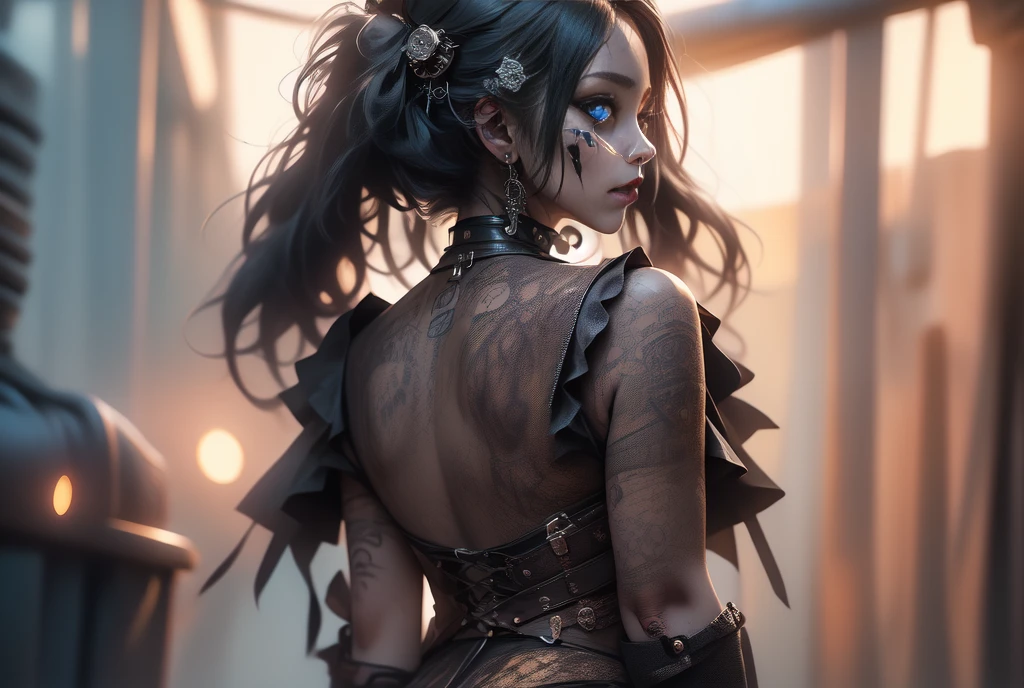 ,(rear view, backside view),score_9, score_8_above, score_7_above, score_6_above,Classification_explicit, 1 girl, ((18 years:1.2)), adult, full lips, ((by rubio:1)), (cabello ondulado long: 1.2),( punk rock gothic :1.4 )、(Face details: 1.5, bright blue eyes, beautiful face, pretty eyes, iris coating, full lips: 1.5, tattoos, pale and sharp eyebrows, long, dark eyelashes, double tabs),(gothic fashion:1.4)、(industrial goth:1.3)、(cupless leather corset:1.4 )、(Dressing a detailed steampunk maid in black  and white.:1.5)、(spike choker:1.1)、( knee high socks:1.3)、(radiation mark decoration:1.unrock fashion gloves:1.4)、(luxury hair ornament:1.4)、(bullet brand belt)、demonia brand boots)、(no underwear.:1.4)(bright colors), ,( cyberpunk 2.1),( group of girls), (bright colors), (city at night :1.4), More detailed 8K.unreal engine:1.4,UHD,La Best Quality:1.4, photorealistic:1.4, skin texture:1.4, masterpiece:1.8,first work, Best Quality,object object], (detailed face features:1.3),(The correct proportions),(Beautiful glowing blue eyes:1.4 ),  (dynamic cowboy pose),(black lingerie lace style :1.4), (realistic V2.1) 