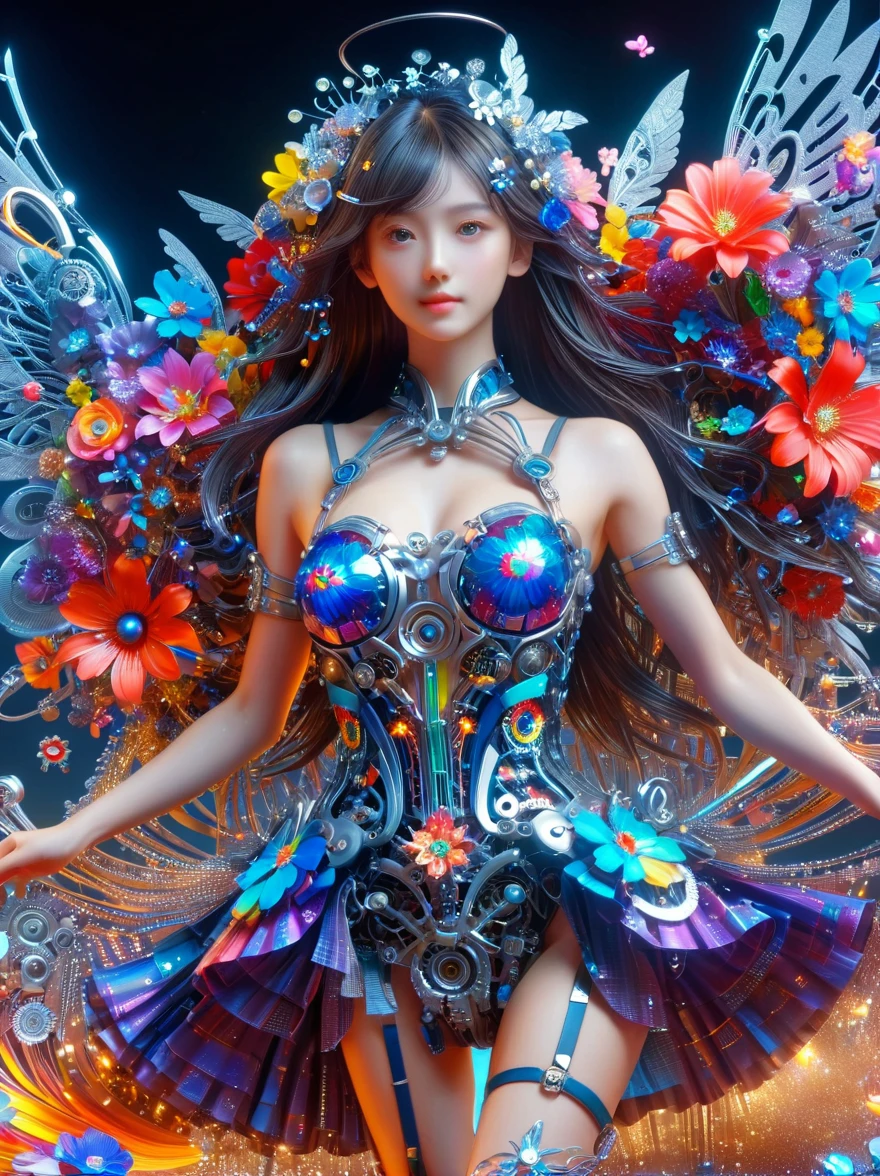 (3D，mechanical感，cute，ais-scrapyrd 1girl，mechanical)，(使用广角镜头拍摄whole body图像:1.9)，(masterpiece:1.1)，(Highest quality:1.1)，(HDR:1.0)，Ambient Light，Ultra high quality，(Ultra-detailed original illustrations)，(1 Girl，whole body)，(Rainbow Skirt)，(Slender thighs)，(Shoes made of flowers: 1.5)，((Harajuku Fashion))，((Flowers with human eyes，Eye disease))，Double Exposure，Fusion of Fluid Abstract Art，Fault，(Original illustration composition)，(Limited color blending，Extreme art style，Geometric artstyle), , Colorful neon lights，高科技mechanical部件，Metal body，Detailed Vibranium Flower Design，Vibrant colors，Dynamic glowing flowers，Reflective metal surface，Bright environment，Dynamic poses，Exquisite existence，Skills Improvement，互锁mechanical齿轮，Stylish design，motion blur effect，Detailed metal treatment，Sci-fi atmosphere，Streamlined aerodynamic shape，Laser scanning pattern，Holographic projection，LED light track，Beautiful and unforgettable，Advanced sensors，Complex algorithms，Ominous and mysterious atmosphere，Electric Spark，Shiny chrome，Propulsion systems of the future，(Best quality，8k，high resolution，masterpiece:1.2)，Super detailed，(whole body:1.8), magazine photography，一个cute的女孩形象，Popular on social platforms，((Dopamineism))，(((Dopamine color matching)))，Dopamine，(in the style of Y2K)，Luo Erchun，3D古风，Oriental poetry and painting