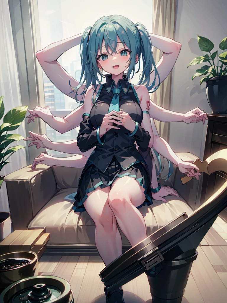 DSLR Photos, (8ก, 4K, Masterpiece),(Masterpiece, best quality), best resolution, (3 heads:1.5), Hatsune Miku, aqua hair, twin tail, long hair, tear, open mouth, smile, be happy, sing, Dancing, White sleeveless shirt, Aqua necktie, black skirt, Arms separated,Hotel Rooms, arm circle, (Put your hands on your head.), (lower hand on ankle), (lower hand on leg), Full content in the frame, full body view, (four arms),(Multi-arm),(many hands), Slim shape