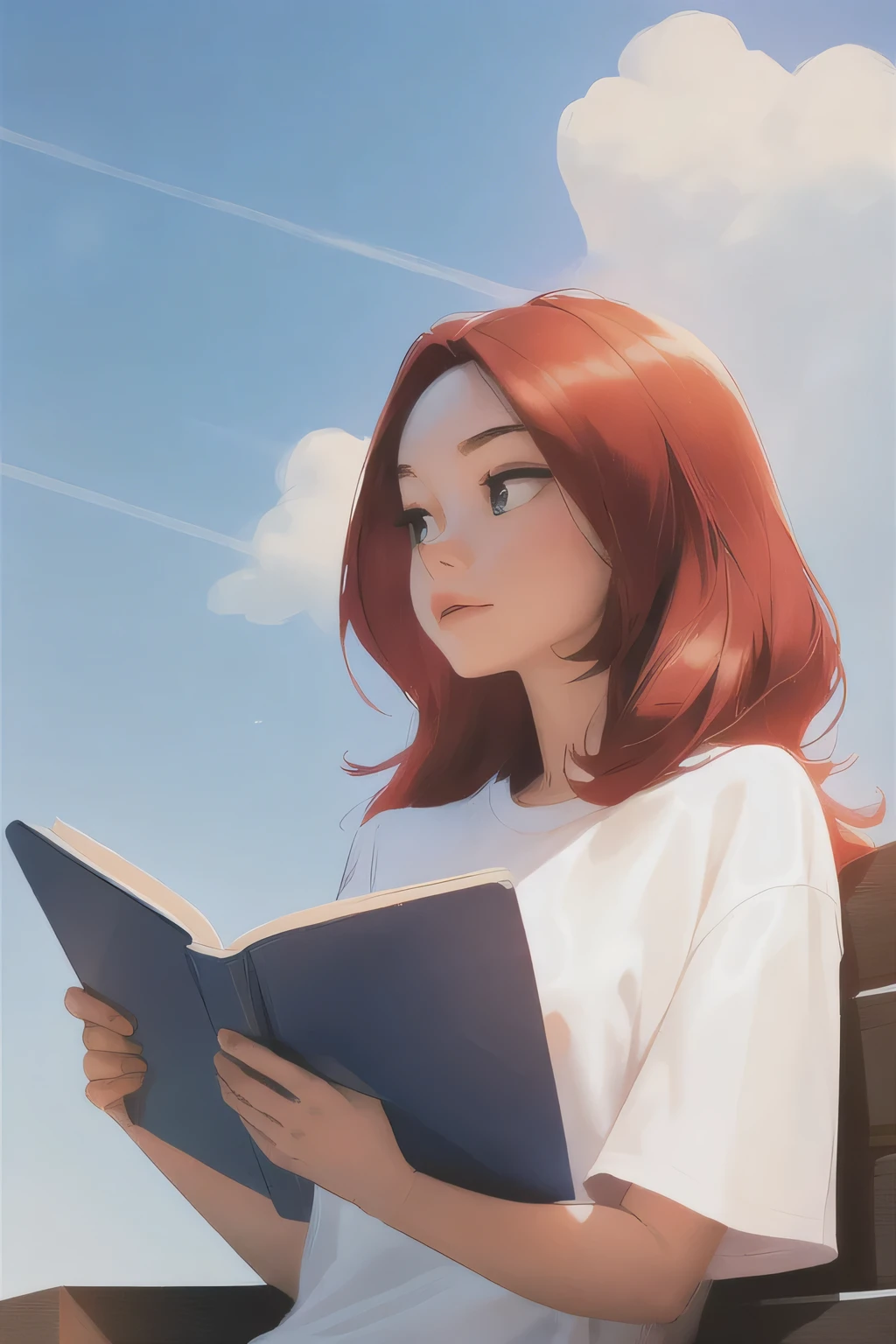 sam yang, 1girl, young, reading book, red hair, three-quarter, looking thoughfully, portrait, white tshirt, blue sky, romantic , ((masterpiece))
