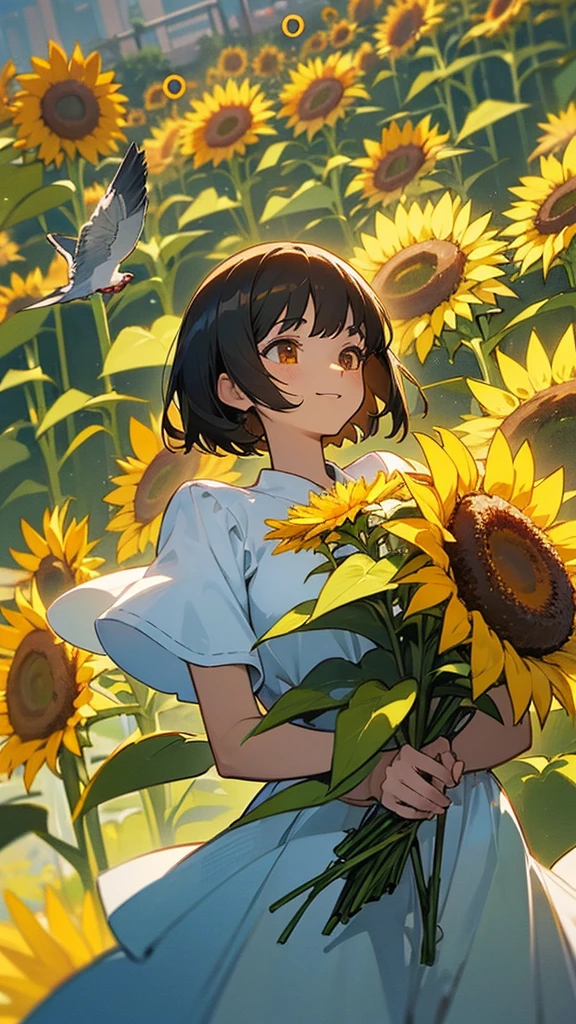 master piece, best quality, for below, cinematic angle, upper body , pigeon toed,
Anime-style Moe illustration, summer vacation theme, 20-year-old 4womans holding a bouquet of sunflowers, short hair,
old country dress, slightly inner thighs, smile, accurate drawing, Active pose,