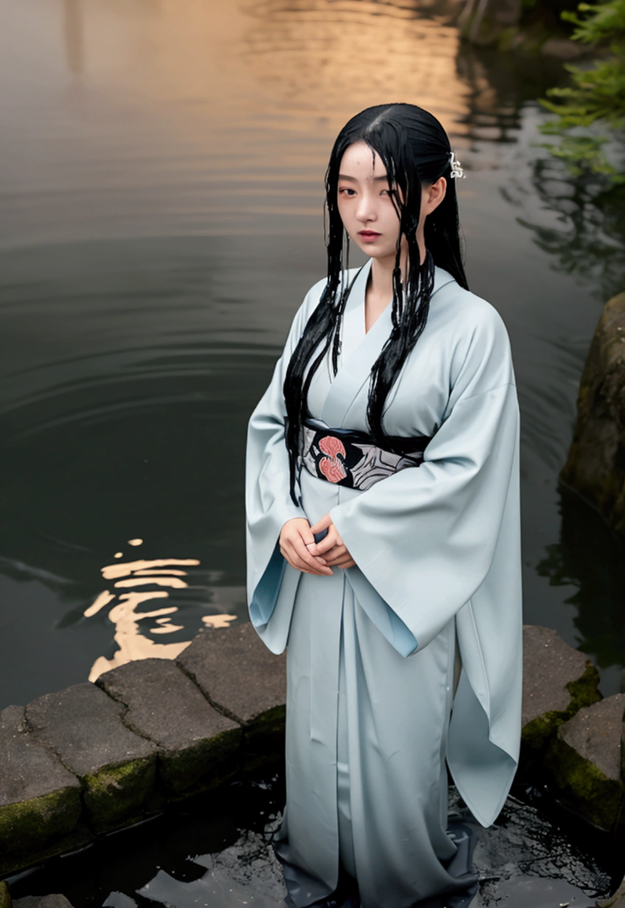 A beautiful and mysterious Japanese yokai called Nure-Onna (wet woman). Her long wet black hair clings to her fair skin and white Japanese kimono. At night, she stands near a misty lake or river. Her expression is charming but also a little eerie. Her style combines traditional Japanese art with a modern, ethereal touch.