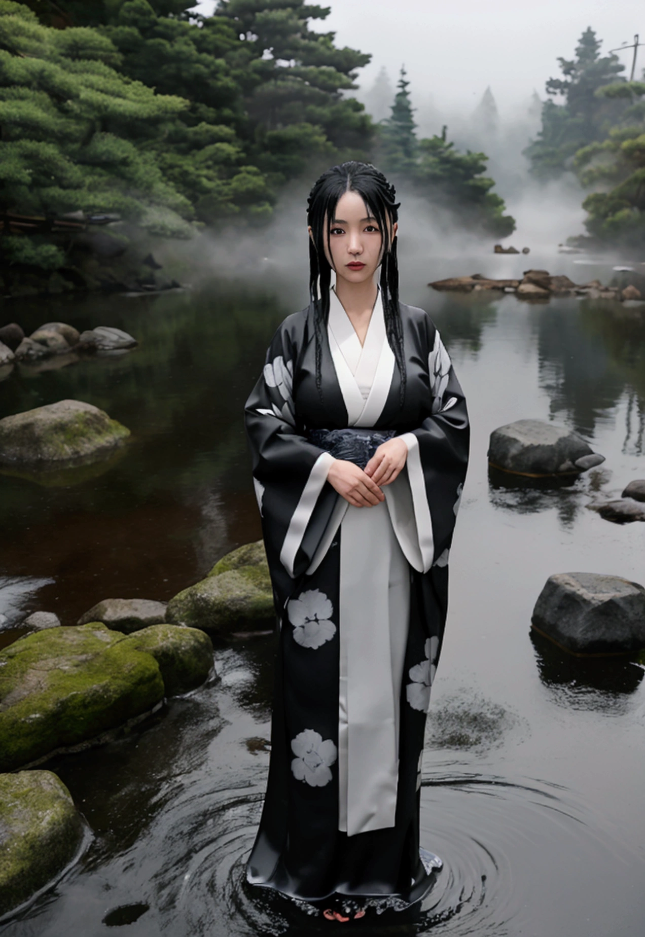A beautiful and mysterious Japanese yokai called Nure-Onna (wet woman). Her long wet black hair clings to her fair skin and white Japanese kimono. At night, she stands near a misty lake or river. Her expression is charming but also a little eerie. Her style combines traditional Japanese art with a modern, ethereal touch.