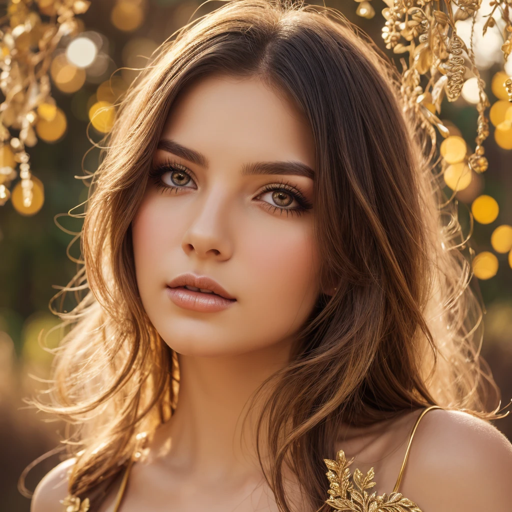 1girl, beautiful detailed eyes, beautiful detailed lips, extremely detailed eyes and face, long eyelashes, elegant woman, serene expression, flowing hair, intricate dress, golden ornaments, ornate background, detailed petals, lush garden, natural lighting, muted colors, soft focus, photorealistic, 8k, high quality