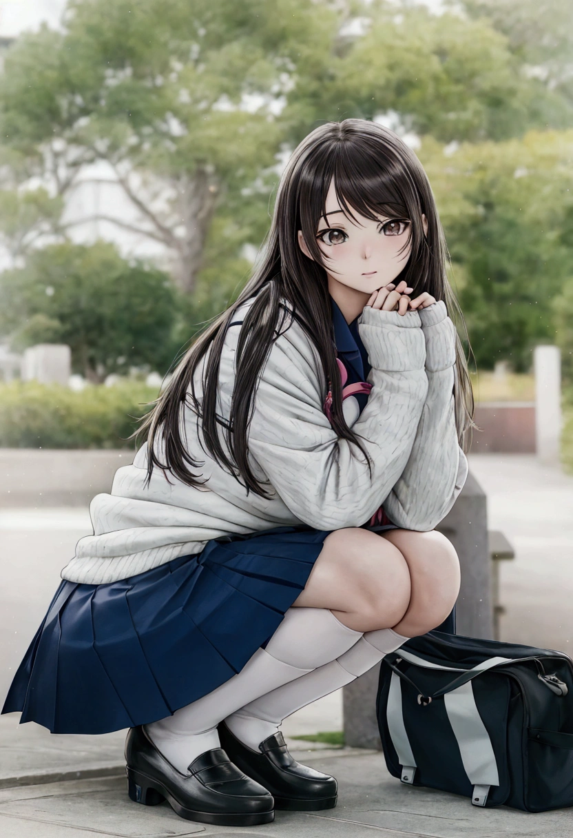 manga style, there is a woman kneeling on the ground with a backpack, beautiful anime high school girl, attractive anime girl, beautiful anime girl squatting, photorealistic anime, cute anime girl, beautiful anime girl, anime girl, the anime girl is crouching, realistic young anime girl, pretty anime girl, hyperrealistic schoolgirl, a hyperrealistic schoolgirl