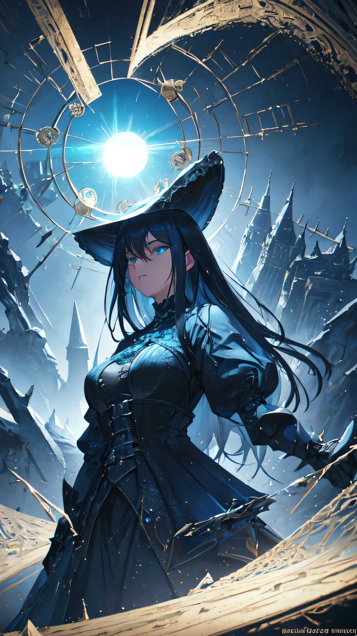 (masterpiece, Highest quality, Very detailed, Best Shadow), (Detailed Background, Dark fantasy), (Beautifully detailed landscapes), High Contrast, (Best lighting, Very delicate and beautiful), ((Cinematic Light)), colorful, Hyper Detail, Dramatic Light, Intricate details, Dynamic Angle), Black light swirling around, Depth of written boundary, black light particles,(Broken glass),magic circle,water,huge clocks,zero,the sun and the moon, **Landscape only**, **There are no people**, Watch Center, **A clock sinking in water**, Blue glowing light, Huge tower and city, **Landscape** 

**Focus on:**

* **A clock sinking in water**
* **Black light swirling around**
* **Huge tower and city**
* **Landscape** 
* **No people**

**Additional details:**

* **Style:** Dark fantasy, cinematic lighting
* **Colors:** Blue glowing light, black light particles
* **Composition:** Dynamic angle, depth of field, intricate details
* **Elements:** Broken glass, magic circle, huge clocks, the sun and the moon
