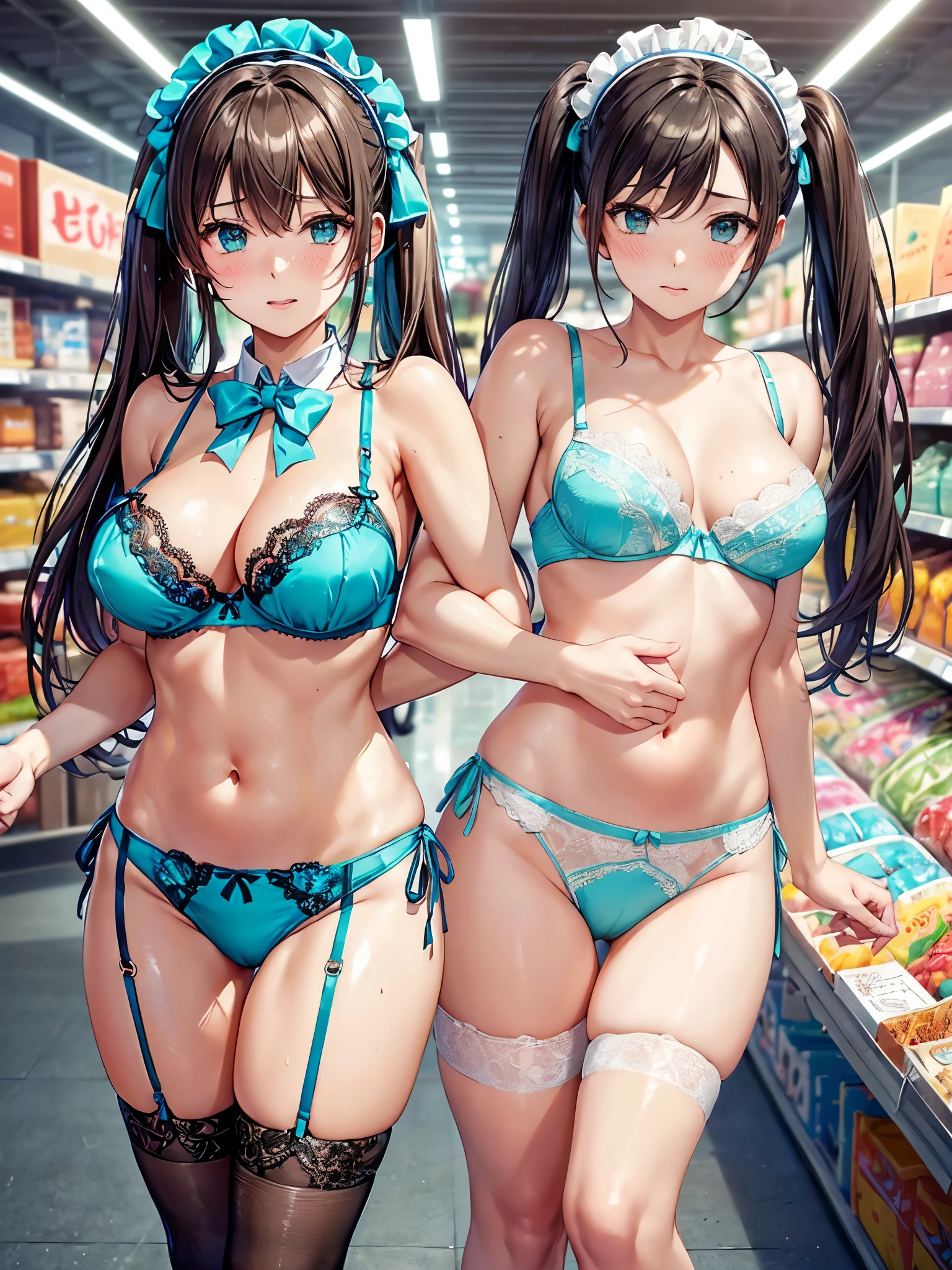 (((masterpiece, Highest quality, High resolution, 超High resolution, Perfect Pixel, Depth of written boundary, 4K, RTTX 10.0))), Beautiful Anime Woman, Beautiful art style, Anime characters, ((Smooth texture, Realistic texture, Anime CG Style)), Perfect and accurate finger count、Exact number of legs、(Exact number of arms:1.0, Exact number of hands:1.0), (Perfect hands, Perfect Anatomy), Cinematic, Realistic, Extremely detailed CG, Daytime lighting, Perfect lighting, Best Shadow, The best natural light, whole body, Perfect body, バランのとれたPerfect body, Perfectly balanced style, Soft body, ((bangs, Dark brown hair, Twin tails, High Up)), ((A cute adult woman is walking towards me:1.8)), ((Bow tie around neck:1.3), (Sexy and cute turquoise underwear:1.3), (Stylish shiny turquoise blue satin panties, Side-tie turquoise panties, Panties with a plain turquoise blue center and lace decoration on the sides, Thin turquoise panties:1.4), (Turquoise micro lace satin bra, Turquoise blue bra with large lace trim around the edges, Turquoise blue open cup bra, 乳首を覆う布がThin bra, Thin bra:1.4), (lace garter belt, Garter Strings, Knee socks:1.3):1.3), (Beautiful big boobs:1.1), (Embarrassed expression:1.7), blush, (supermarket, Merchandise Shed, aisle, Many visitors in the background, Inside the crowded store:1.7), naked, belly button, In underwear, ブラとパンティとガーターベルトとKnee socksのみ, (Frilly maid headband:1.1), Angle from the front