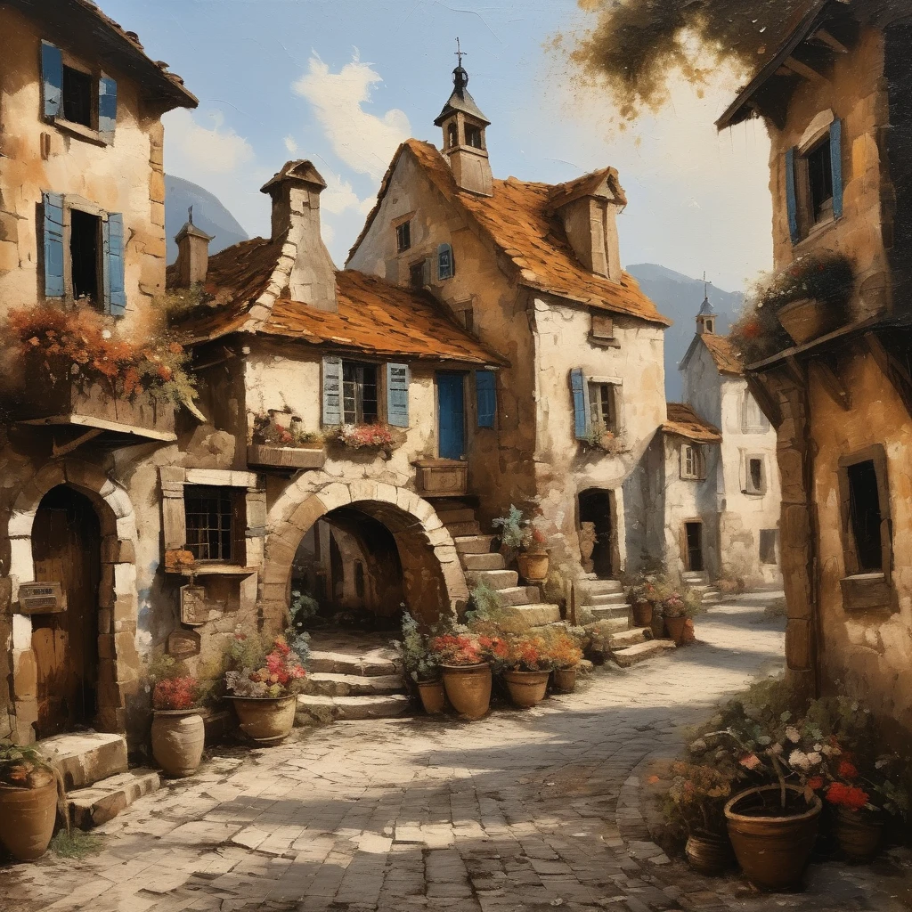 stunning 17th century european village scenery, detailed and intricate environment, oil painting, palette knife soft brushstrokes, heavy strokes, dripping paint, art station on trend, sharp focus, intricate details, highly detailed