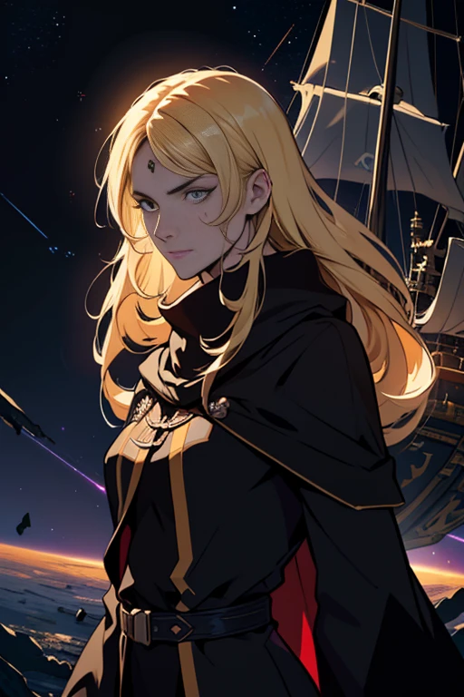 (masterpiece, best quality, 8k, high detailed, ultra-detailed illustration), female space pirate, (blonde long hair, a scar on face, long slit eyes, long eyelashes, Pirate costume, skull logo, red cloak), cowboy shot, beautiful cool female, Sad, fleeting, melancholy expression, slender body, professional lighting, Dynamic action scenes, perfect composition, absurdos, fantasia, concentrado, rule of thirds, (background is space battle ship war, Space Pirate War)