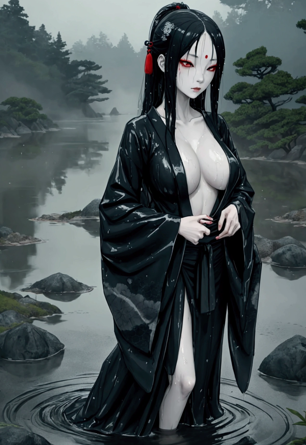 A beautiful and mysterious Japanese yokai called Nure-onna (wet woman). She has long, wet black hair that clings to her pale skin. She is standing near a misty lake or river at night. Her expression is alluring yet slightly eerie. The style should blend traditional Japanese art with a modern, ethereal touch.