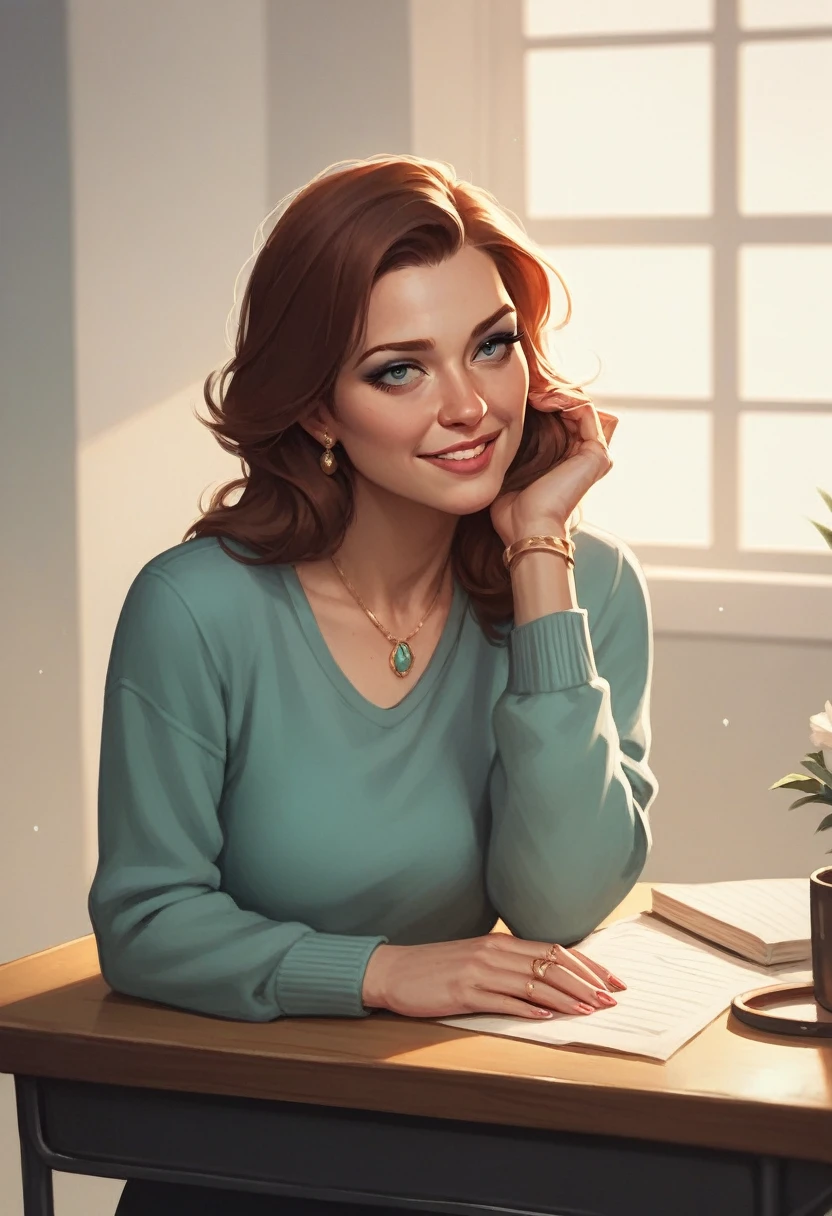 (Beautiful woman leaning on desk professor's room, throw,Put your hands on the table),skirt,necklace,Long Hair, shirt, fishnet skirt,Lace pantyhose,lipstick,(masterpiece, 最high quality, high quality), Professional artwork, Intricate details, Sharp focus, Detailed painting, Lighting, (vivid Lighting, Vibrant colors),Perfect Eyes,Take in the scenery,close,Upper Body,View from below,erotic