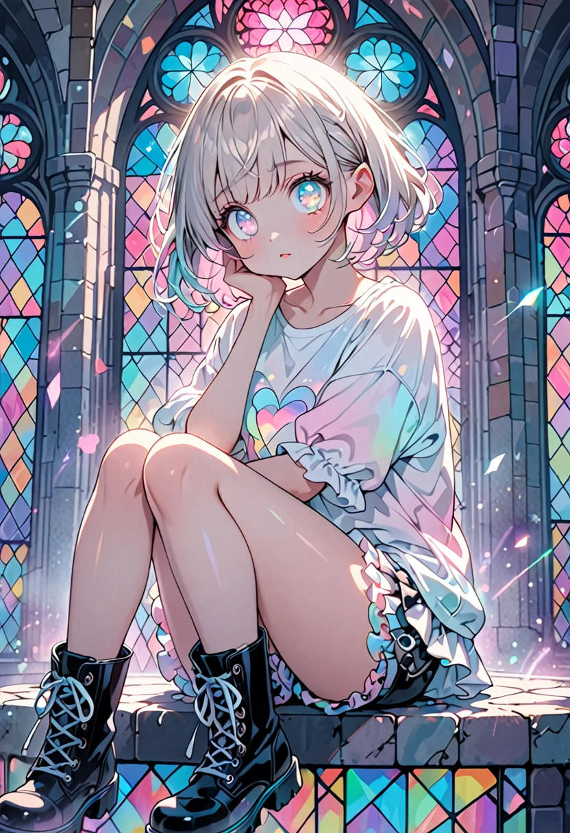 cute girl, (white pixie cut, very short hair), (big round eyes, star-shaped pupils), amorous and lewd face, light makeup, wearing cute baggy loose shirt, frilly shorts, heavy engineer boots, sitting and posing, background pastel color palette, large pastel stained glass,shading effects, gradation magic effects, foggy filter effects, glitter effects, cute effects, (ultra detailed, absolutely resolution, best quality:1.3), 2.5D, delicate and dynamic, artistic photography, hyper realistic, graphic CG digital art