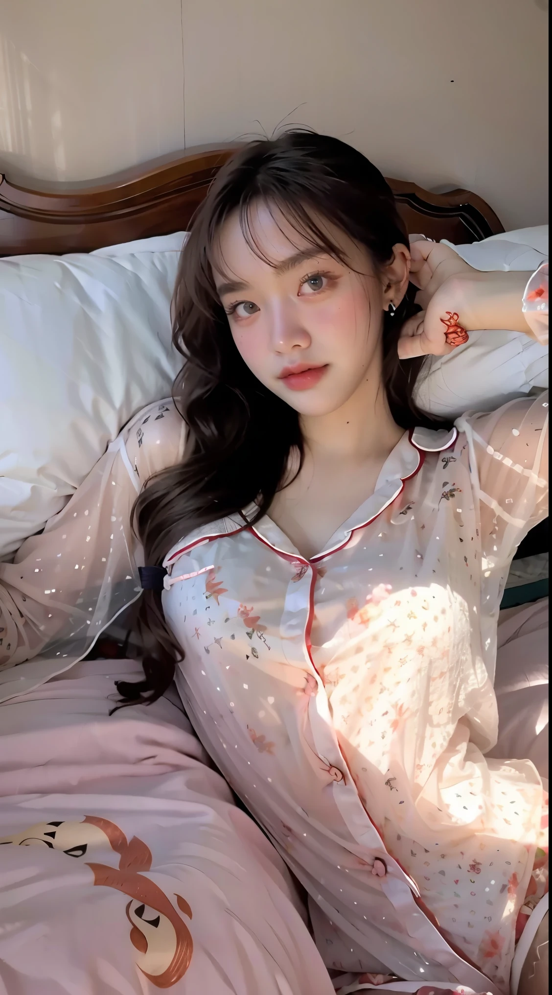 1girl in seethrough pajamas sleeping in a king bed