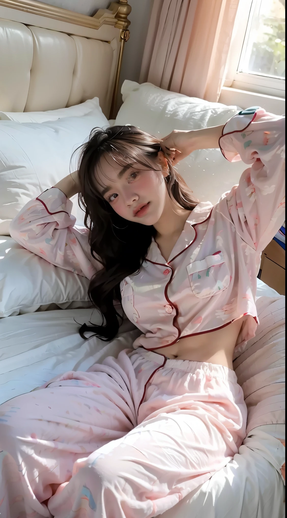 1girl in seethrough pajamas sleeping in a king bed