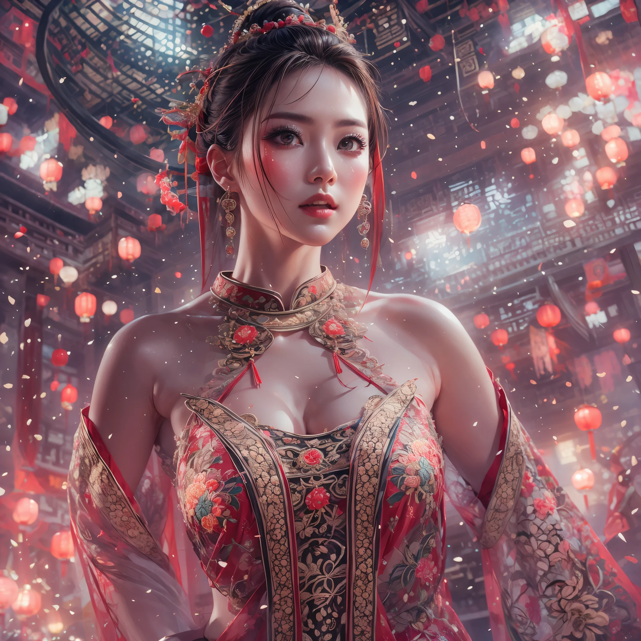 (High-level (UltraDetailed ProfessionalPhoto)), 8K Masterpiece TopQuality, Absurd Detailed Lighting, PerfectLighting, Extremely detailed (BeautyGoddess Standing in a Vertical Dropping Ray), aesthetic LifeLike Rendering, BokeH (oodles Firecrackers Spark and Haze), Unreal flamboyance, see-through upskirt Assfocus RoundlyButts, (Tindall Effect Scattering), { fujian tulou | Traditional Hakka Clothes | perfect ratio | hime cut | luxury | jewelry | ornate | hairpin | Menstruation | (Exposed SFW) },(Elaborate embroidery with Transparency) BREAK (FullBody:1.28). (((Extremely detailed Beautiful Face and Eyes))) Radiant PearlSkin with Transparency, (Dynamic LifeLike expressions:1.4)