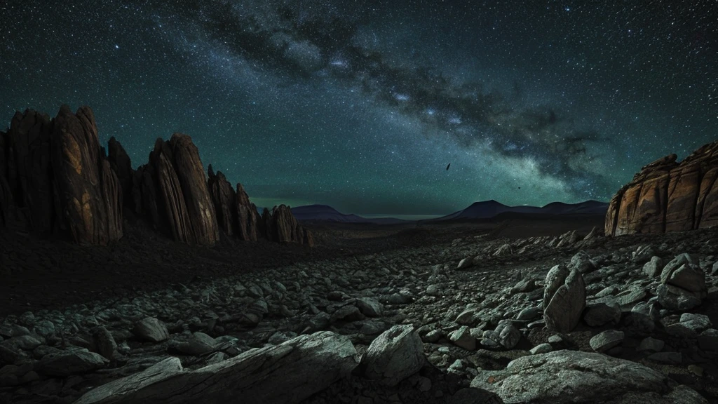 Alien birds, rocky terrain. It's night time