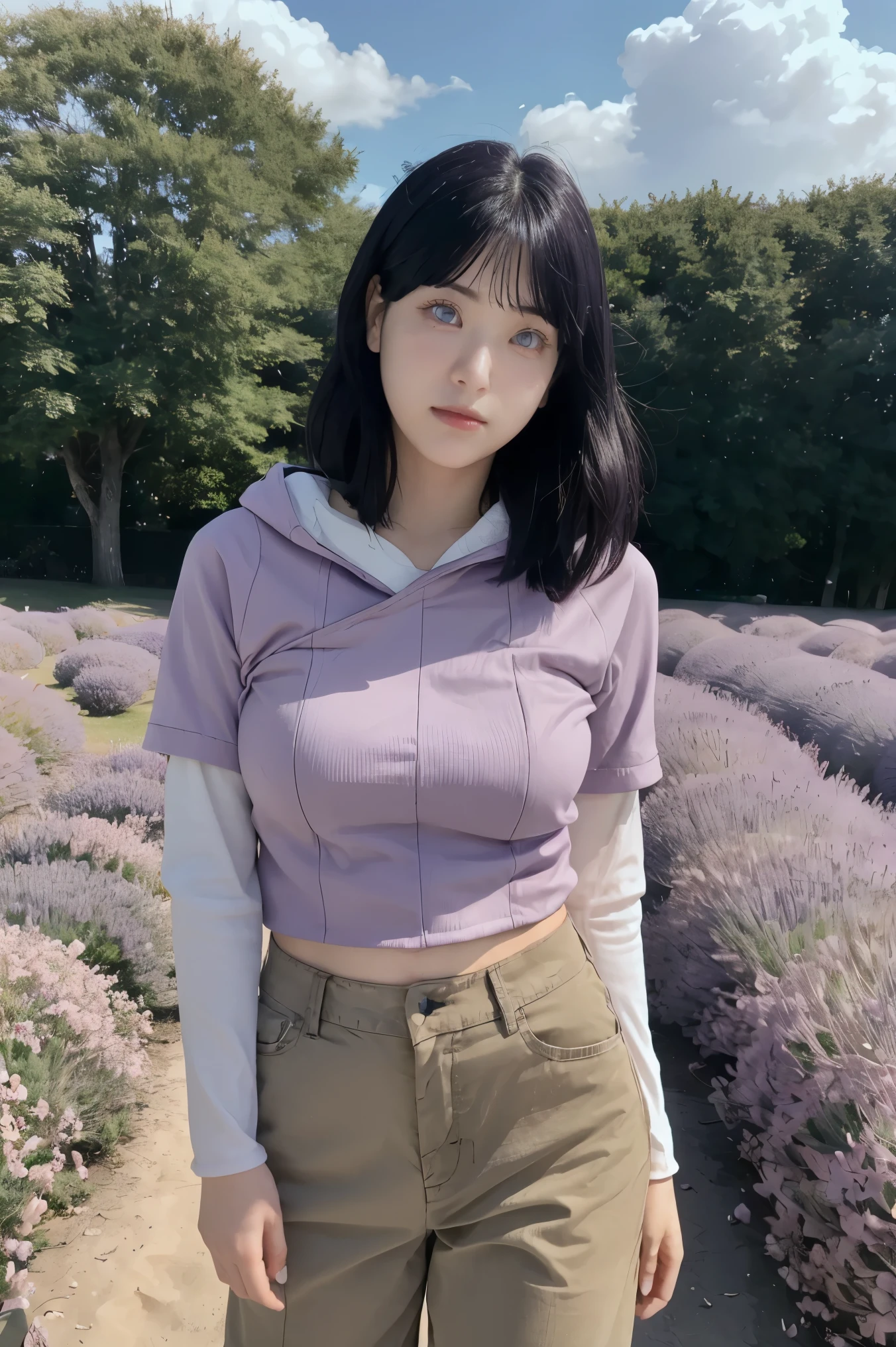 masterpiece, absurdres, hinata\(boruto\), 1girl, solo,mature female, purple hoodie,layered sleeves, brown pants, outdoors,lavender flower field, looking at viewer, (falling petals), cloudy sky, perfect composition, detailed lips, big breast, beautiful face, body propotion, blush, (pink lips), long hair, purple eyes, soft gaze, sad smile, super realistic, detailed, photoshoot, realistic face and body, realistic hair, realistic eyes, realistic nose, realistic lips