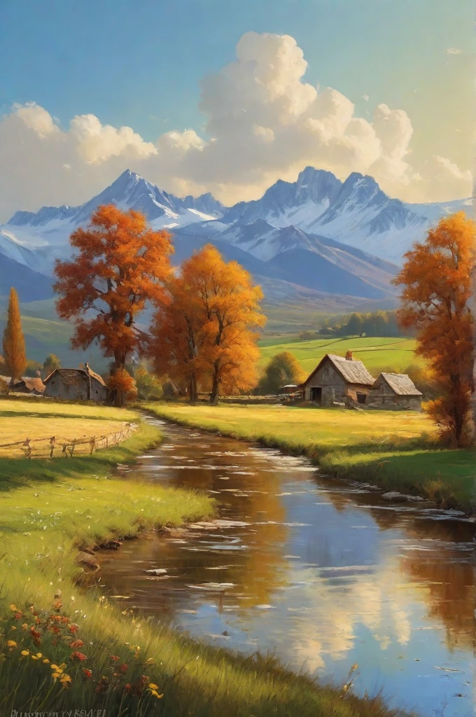an idyllically tranquil rural scene, the vibrant colors of a sunny day, an impressive masterpiece, fine details, (masterpiece:1.2), best quality