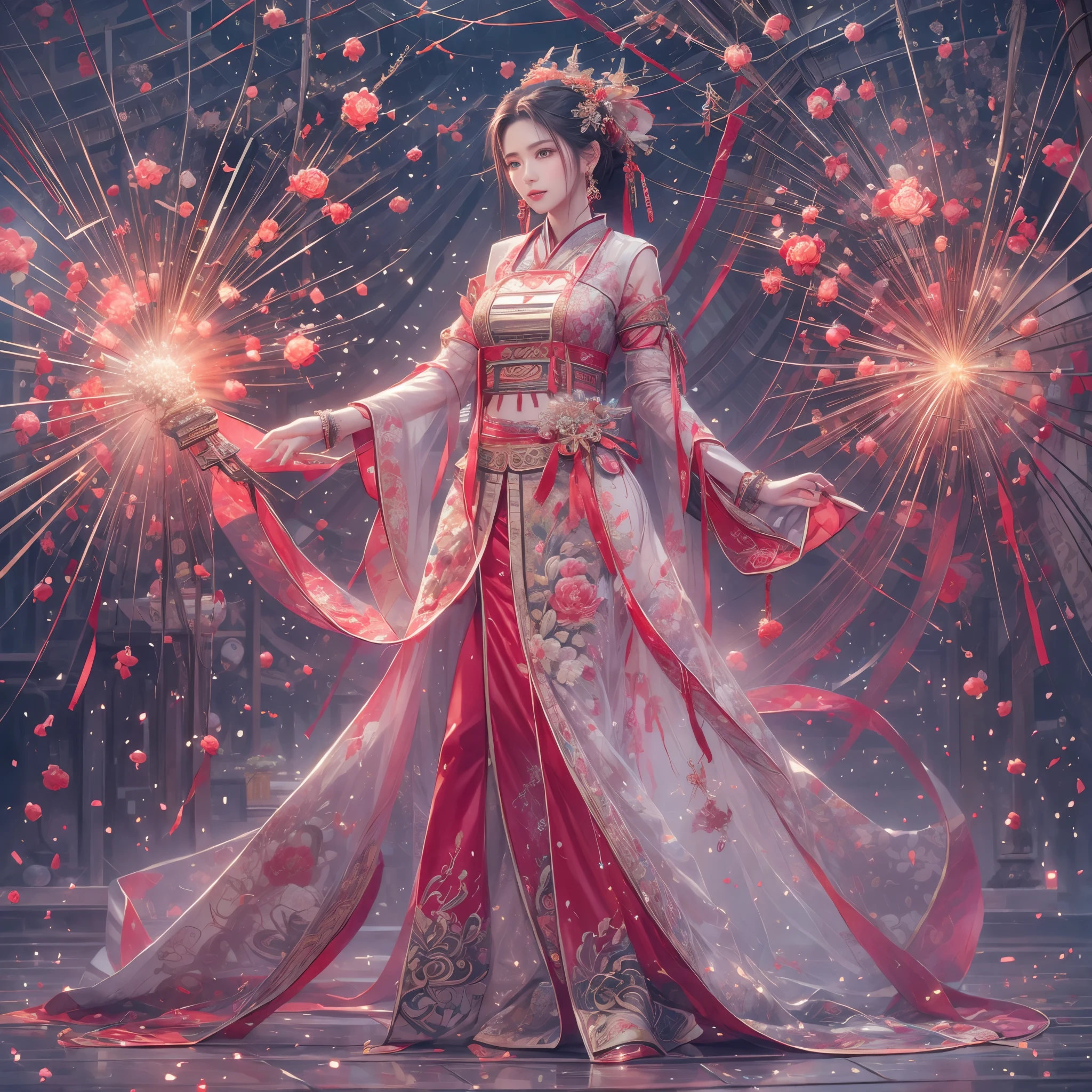 (High-level (UltraDetailed ProfessionalPhoto)), 8K Masterpiece TopQuality, Absurd Detailed Lighting, PerfectLighting, Extremely detailed (BeautyGoddess Standing in a Vertical Dropping Ray), aesthetic LifeLike Rendering, BokeH (oodles Firecrackers Spark and Haze), Unreal flamboyance, see-through upskirt Assfocus RoundlyButts, (Tindall Effect Scattering), { fujian tulou | Traditional Hakka Clothes | perfect ratio | hime cut | luxury | jewelry | ornate | hairpin | Menstruation | (Exposed SFW) },(Elaborate embroidery with Transparency) BREAK (FullBody:1.28). (((Extremely detailed Beautiful Face and Eyes))) Radiant PearlSkin with Transparency, (Dynamic LifeLike expressions:1.4)