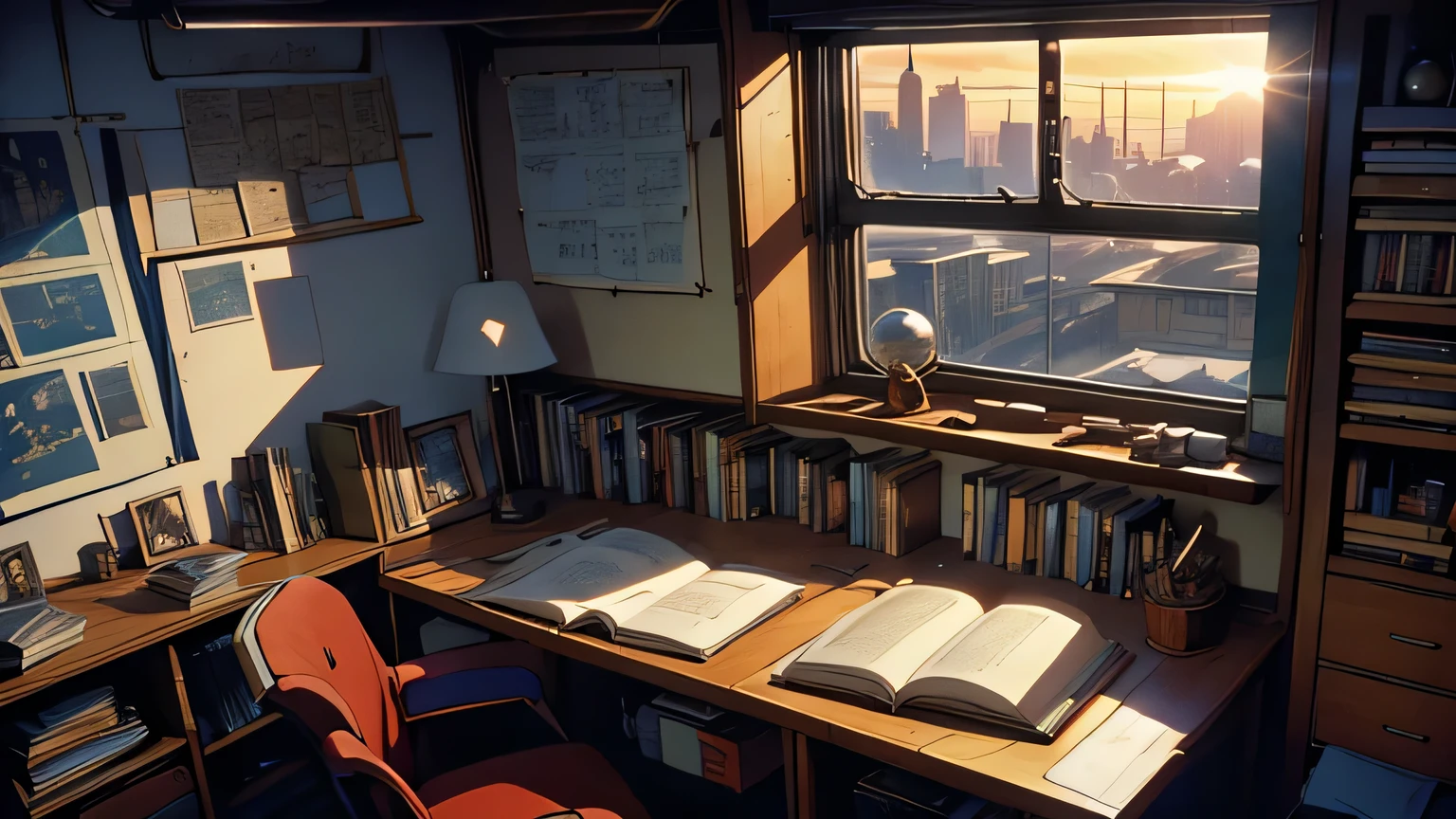 photo of a quiet room that is comfortable, cozy room, deserted, Books on the desk, traces of study on the desk, The sun is setting outside the window, 80’s anime, PC 9800, art by Kohei Horikoshi, rough-edged 2d animation,Highly detailed.